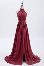 High Neck Burgundy Chiffon A Line Long Bridesmaid Dresses