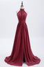 High Neck Burgundy Chiffon A Line Long Bridesmaid Dresses