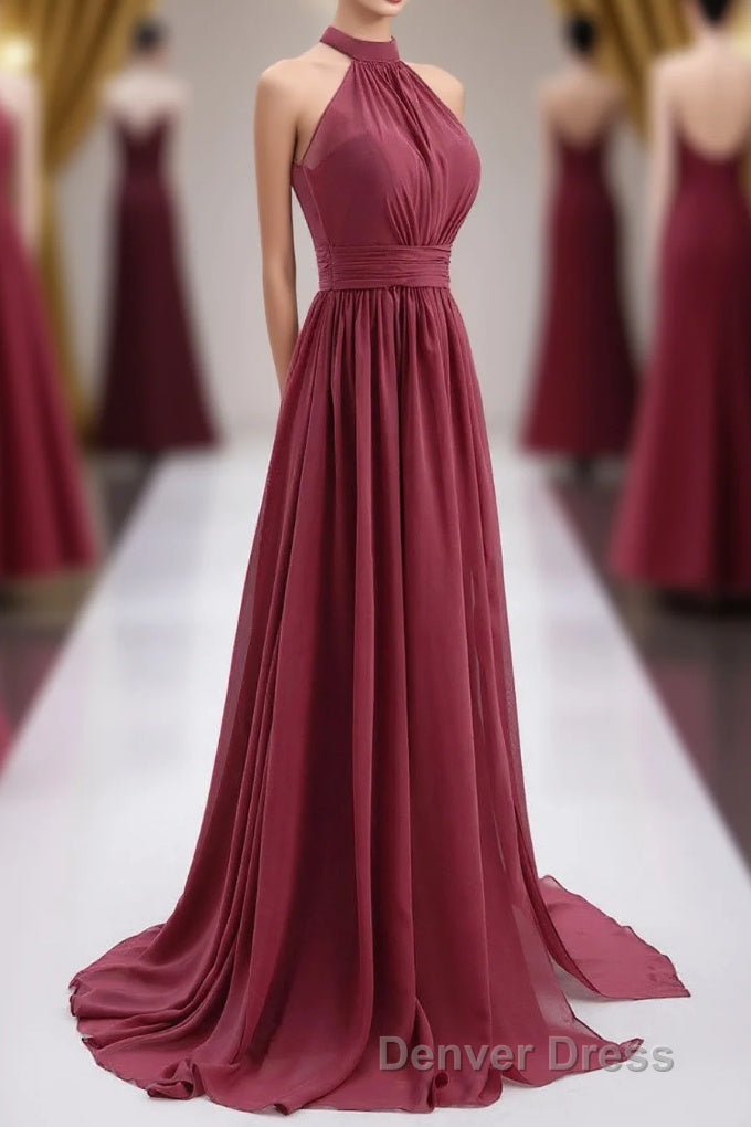 High Neck Burgundy Chiffon A Line Long Bridesmaid Dresses