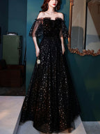 Black Tulle Off Shoulder Tulle Long Prom Dress, Black Prom Dresses