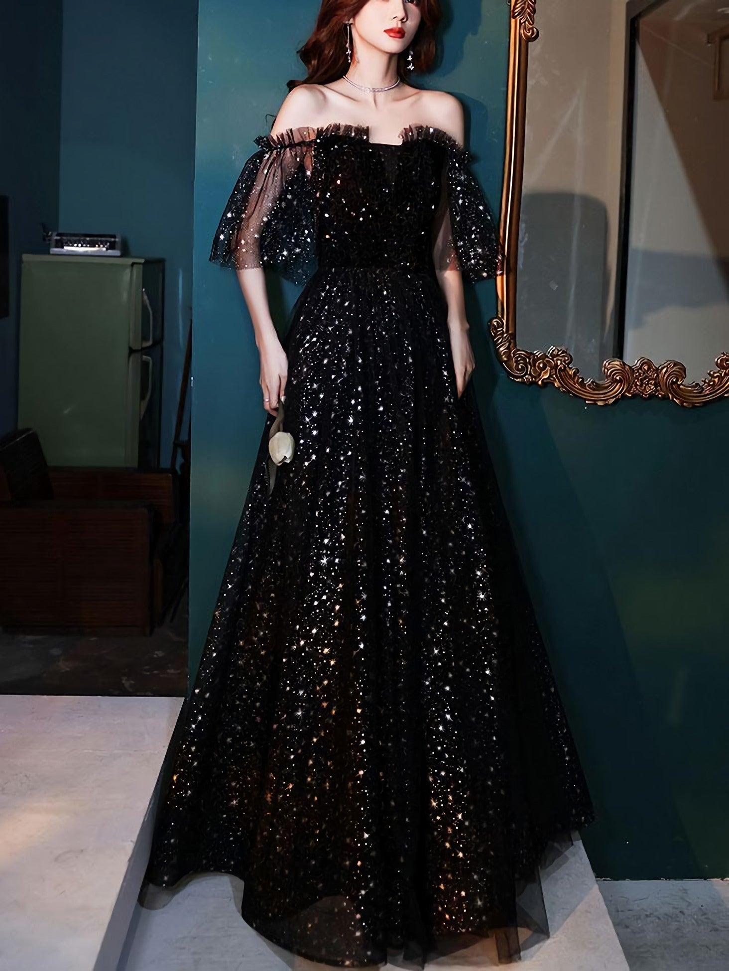 Black Tulle Off Shoulder Tulle Long Prom Dress, Black Prom Dresses