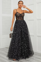 Women Prom Dress Black Ethereal Prom Dress Spaghetti Straps Long Prom Dresses For Girls with Star