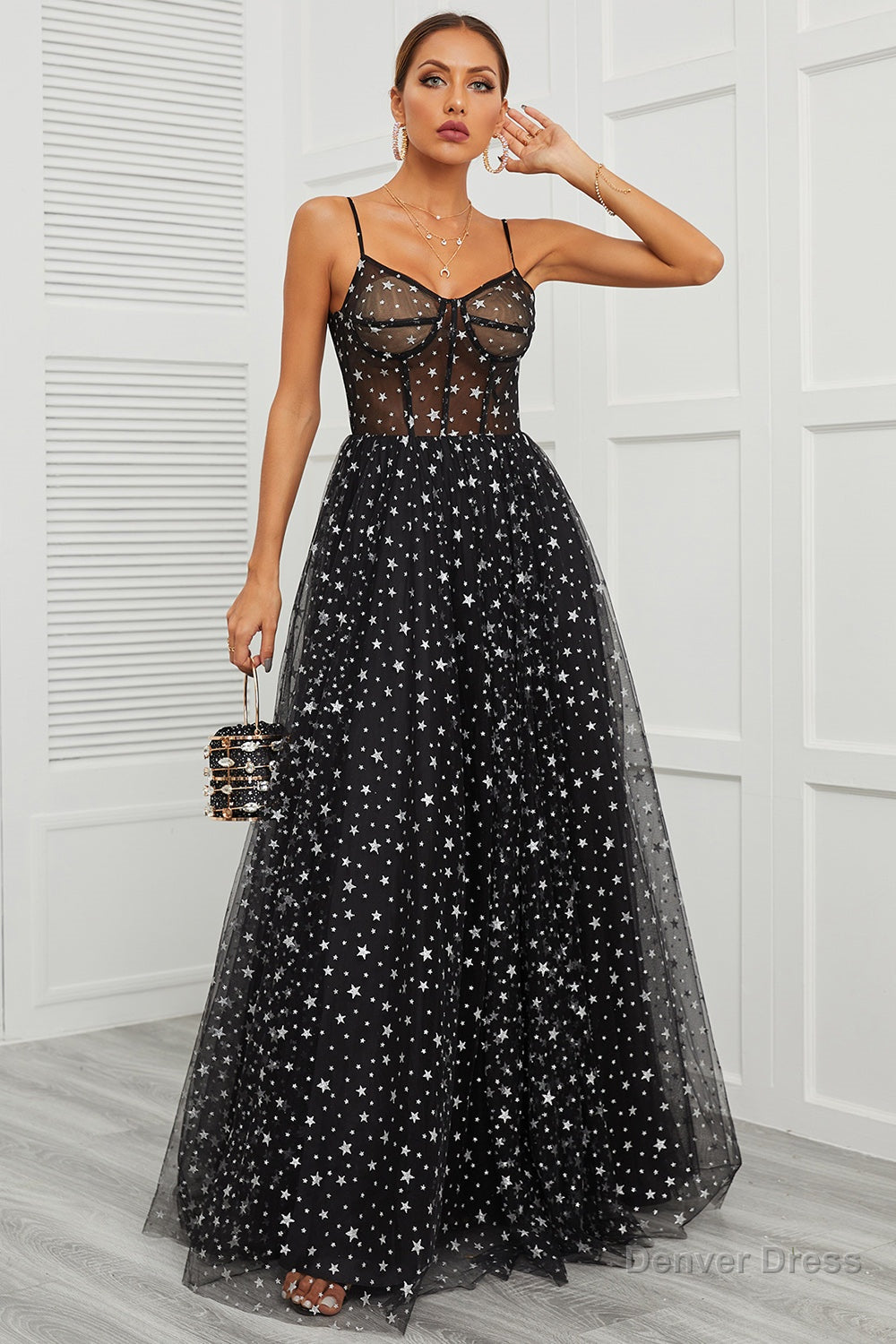 Women Prom Dress Black Ethereal Prom Dress Spaghetti Straps Long Prom Dresses For Girls with Star