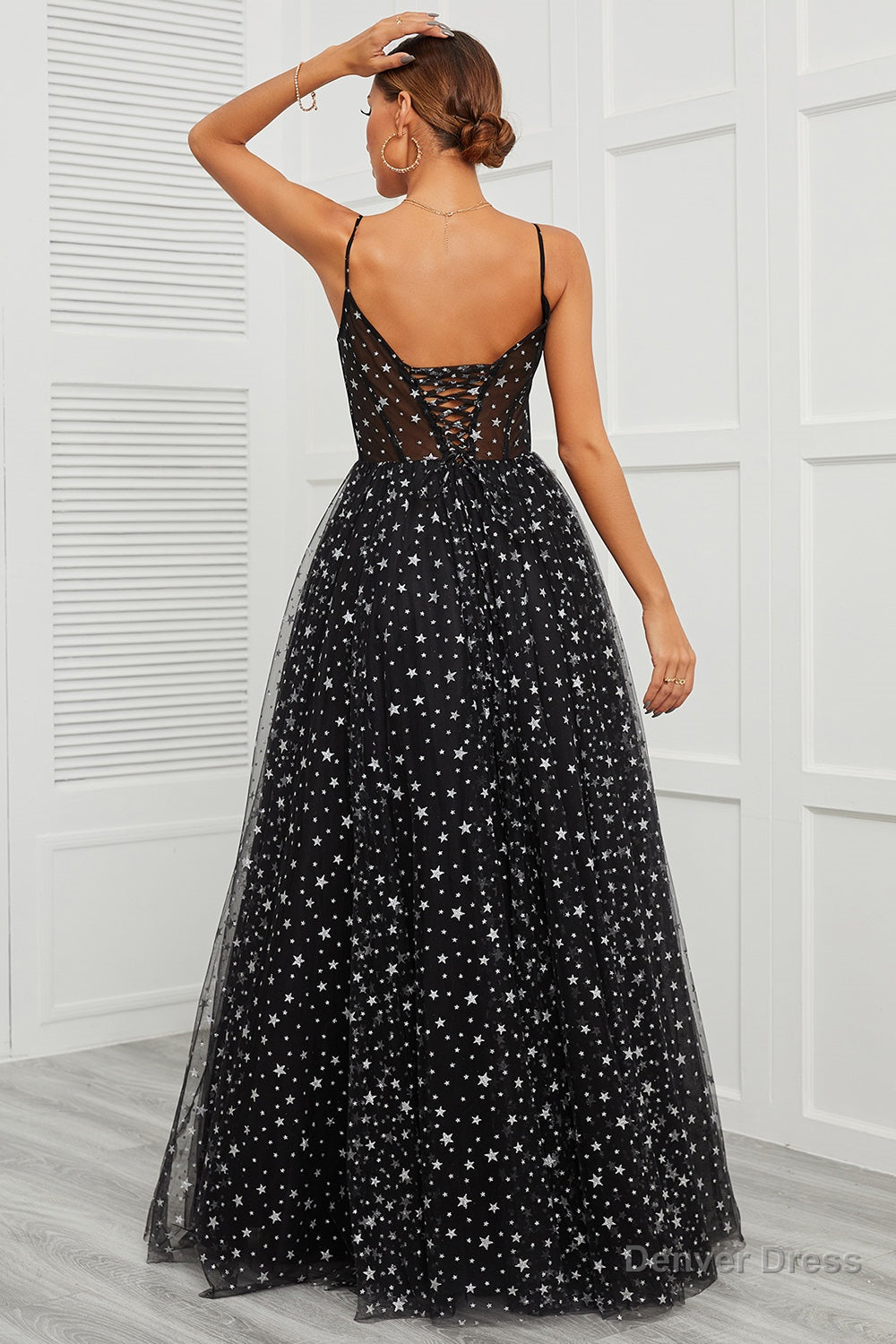 Women Prom Dress Black Ethereal Prom Dress Spaghetti Straps Long Prom Dresses For Girls with Star Secondary image