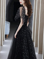 Black Tulle Off Shoulder Tulle Long Prom Dress, Black Prom Dresses