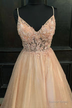 Blush Pink Appliques Straps V Neck A Line Long Prom Dresses