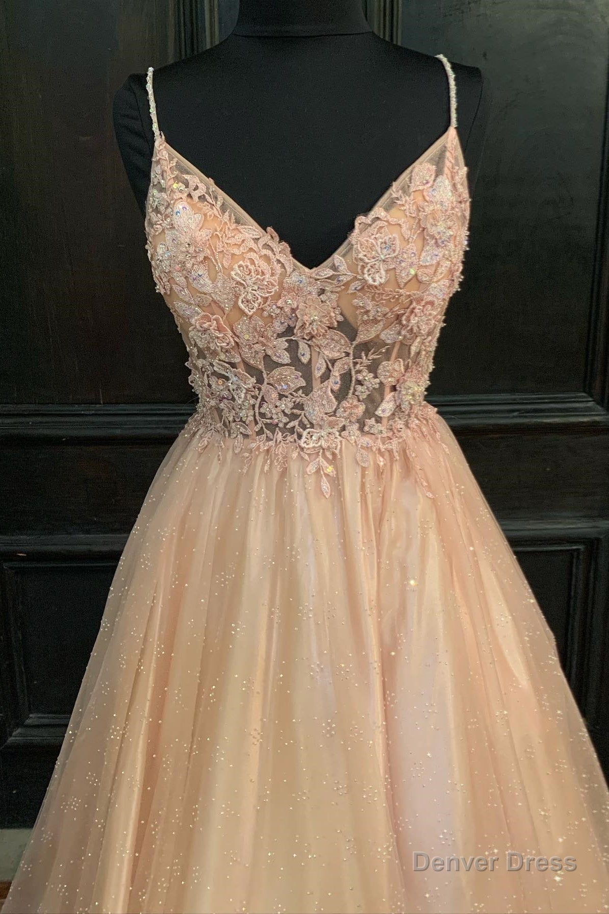 Blush Pink Appliques Straps V Neck A Line Long Prom Dresses