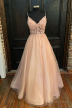 Blush Pink Appliques Straps V Neck A Line Long Prom Dresses