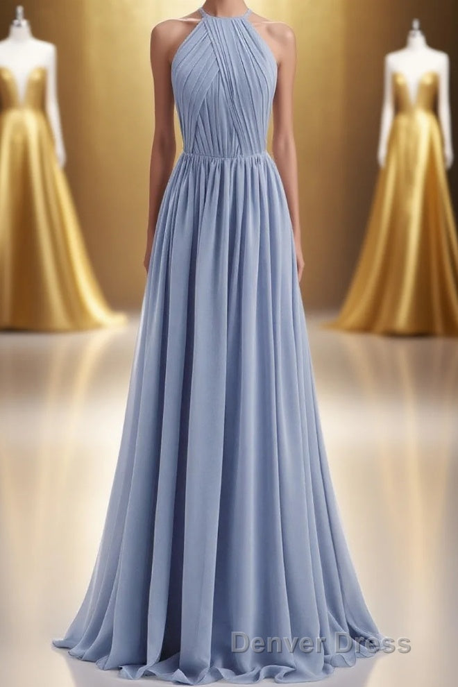 Misty Blue Scoop Chiffon A Line Long Bridesmaid Dresses Main image