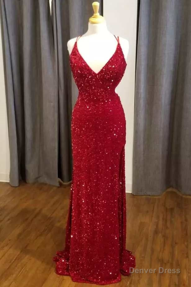 Red Sequin V Neck Mermaid Long Prom Dresses Main image