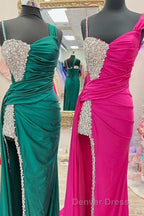 Asymmetrical Magenta Beaded Long Formal Dresses with Attached Train