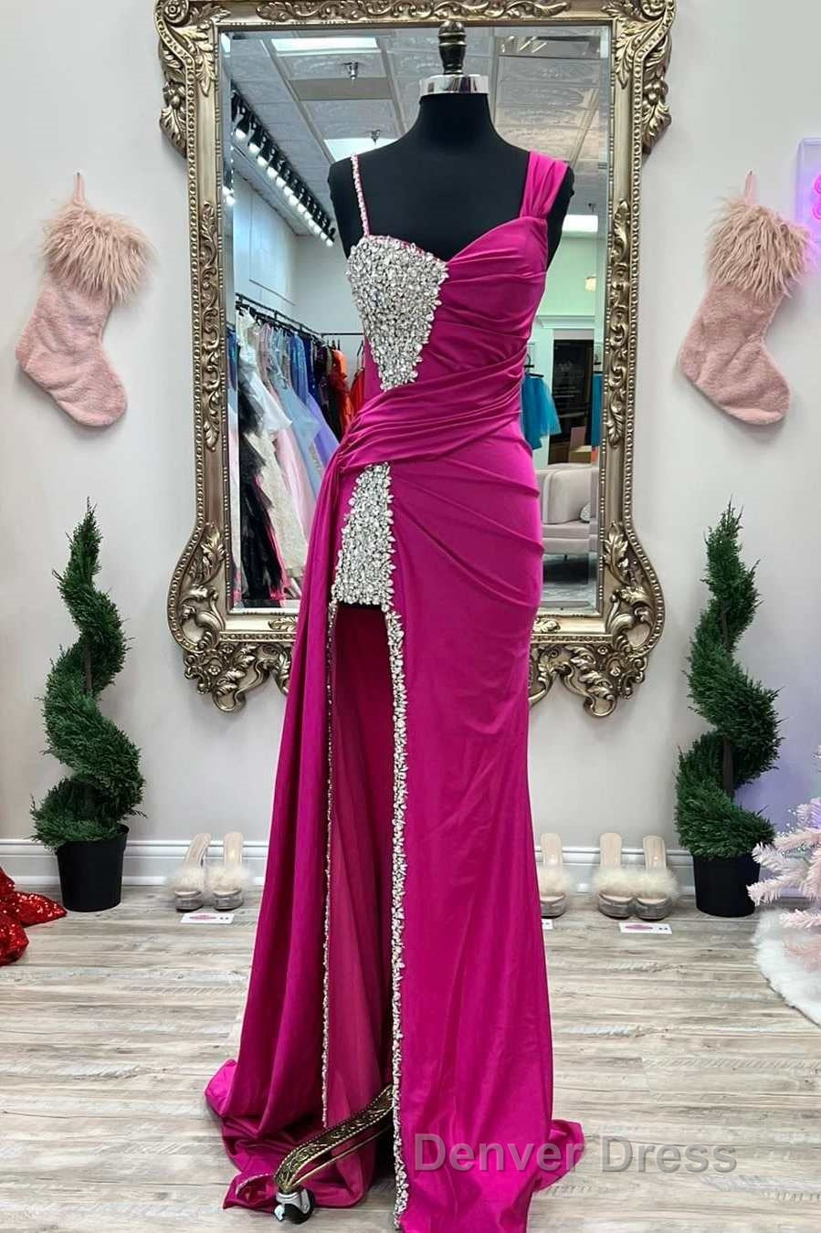 Asymmetrical Magenta Beaded Long Formal Dresses with Attached Train