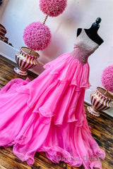 Hot Pink Beaded Top One Shoulder Layers Long Prom Dresses