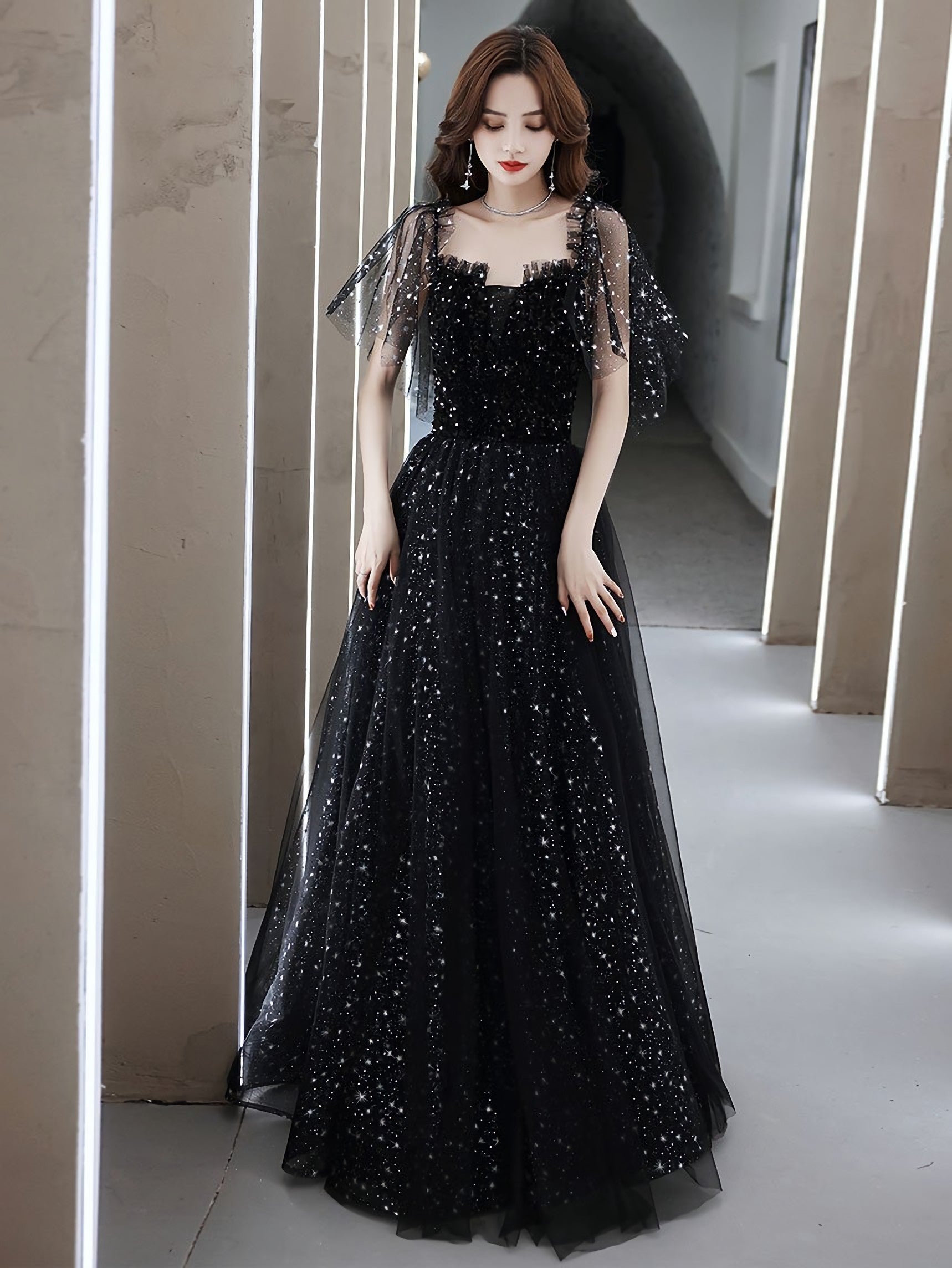 Black Tulle Off Shoulder Tulle Long Prom Dress, Black Prom Dresses