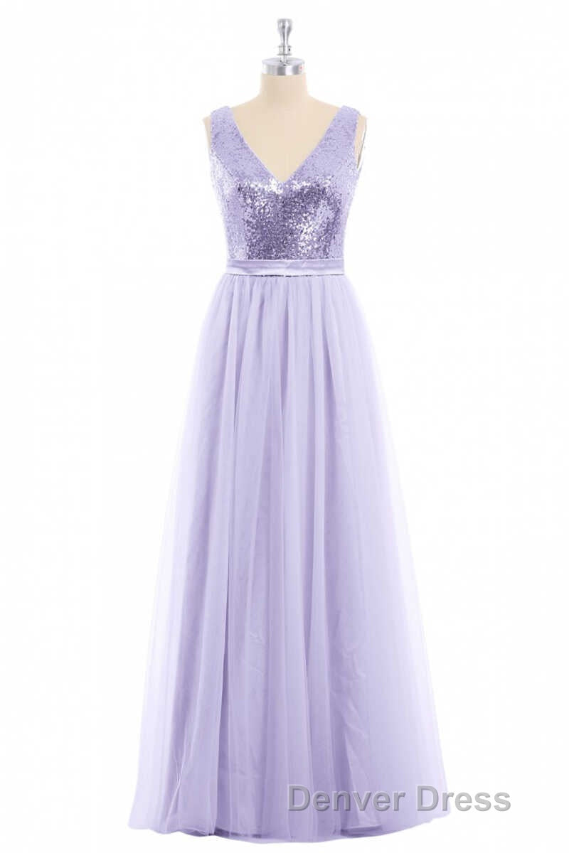 Lavender Sequin V-Neck Backless A-Line Long Dresses Secondary image