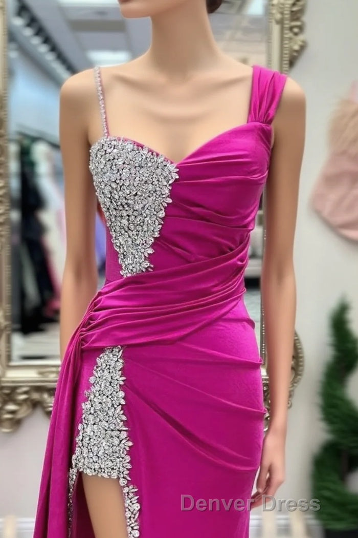 Asymmetrical Magenta Beaded Long Formal Dresses with Attached Train Main image