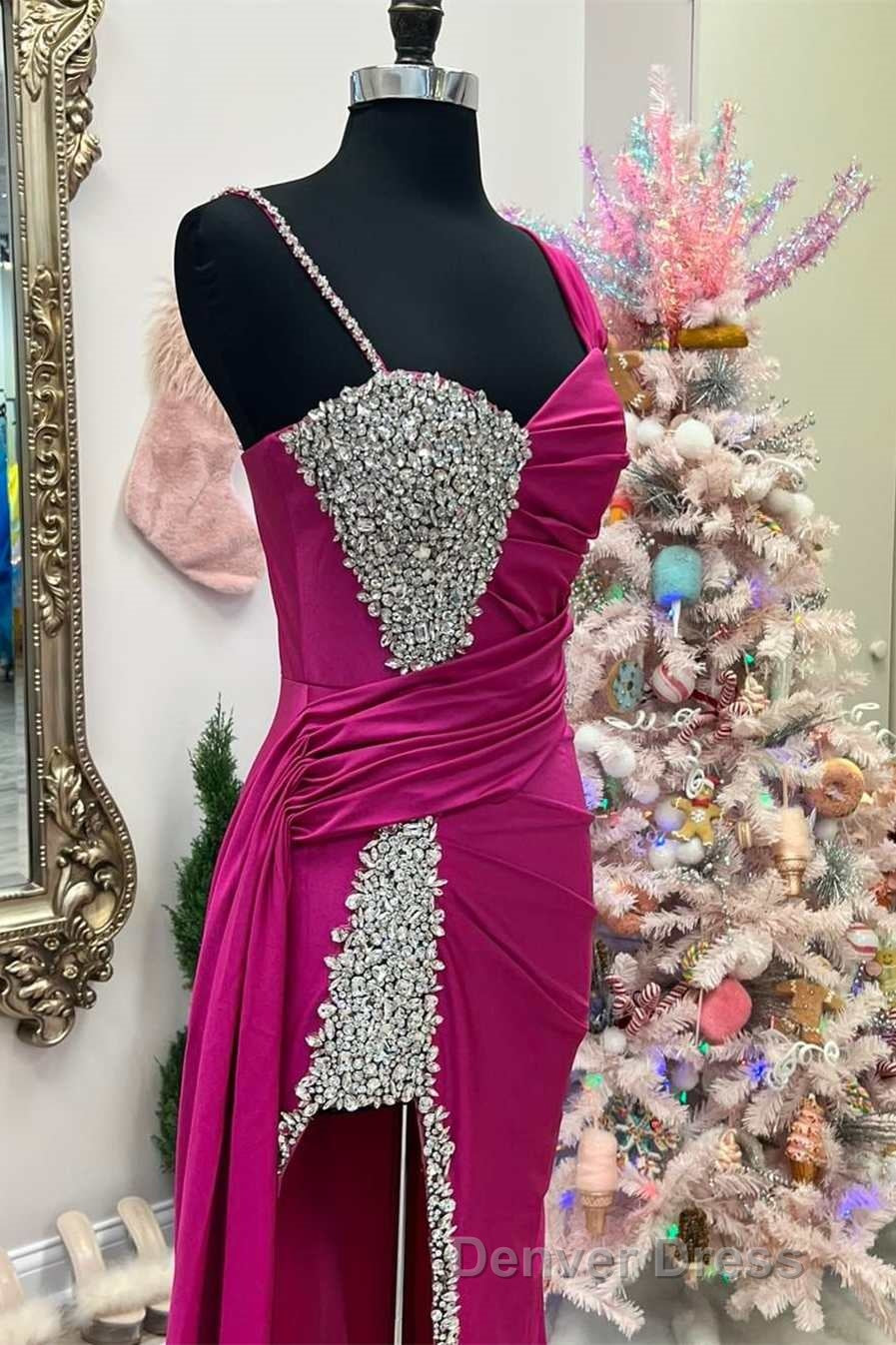Asymmetrical Magenta Beaded Long Formal Dresses with Attached Train