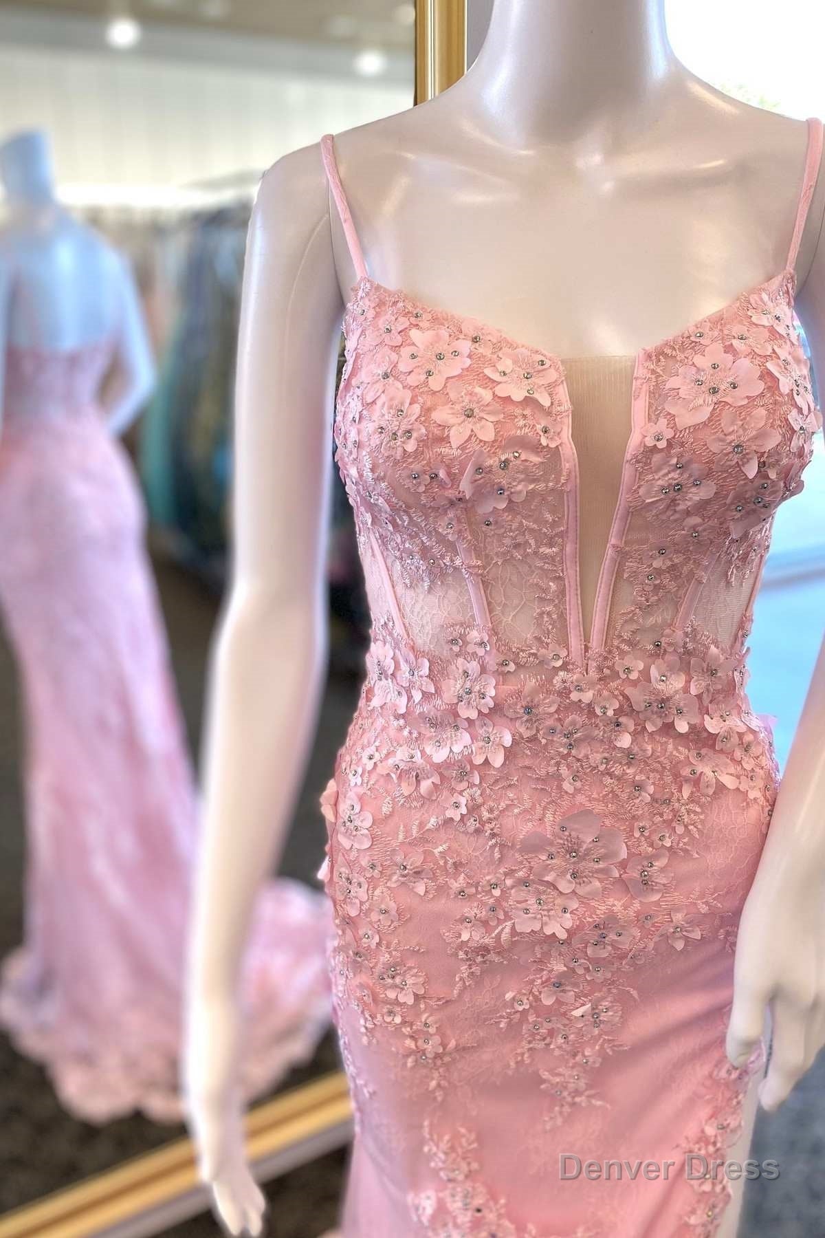 Pink Floral Lace Straps Mermaid Long Prom Dresses