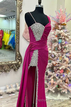 Asymmetrical Magenta Beaded Long Formal Dresses with Attached Train
