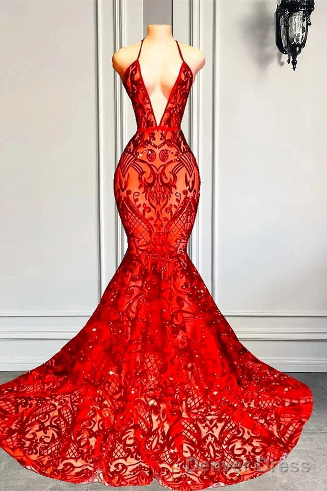Red Halter Mermaid Prom Dress With Sequins Lace Main image
