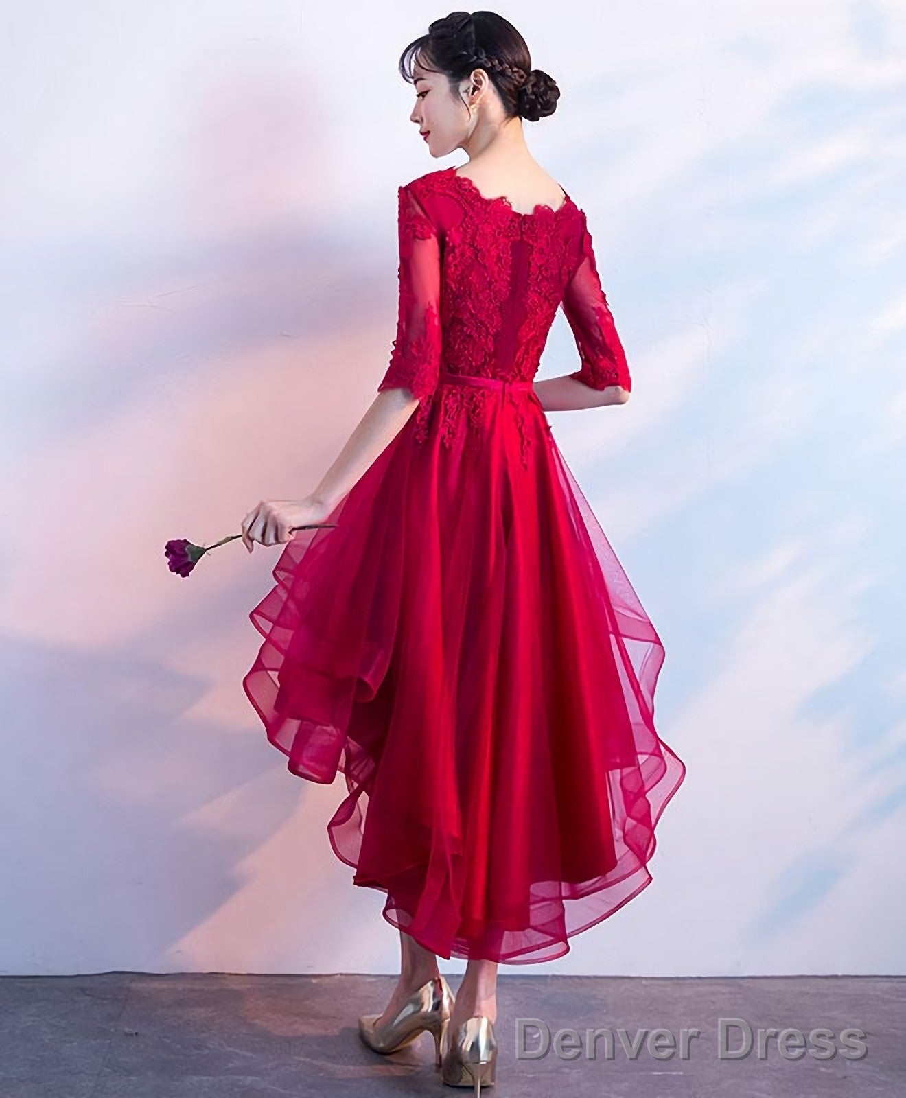 Burgundy V Neck Tulle Lace Short Prom Dress Bridesmaid Dresses Secondary image