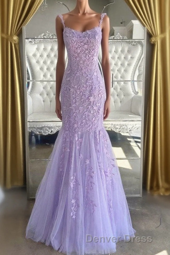 Lilac Spaghetti Straps Long Lace Tulle Prom Dress Mermaid Appliques Prom Dresses
