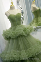 Princess Spaghetti Straps Green Tulle Long  Dress A line Tiered Formal Dress