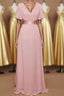 Pink V Neck Ruffled A Line Long Bridesmaid Dresses