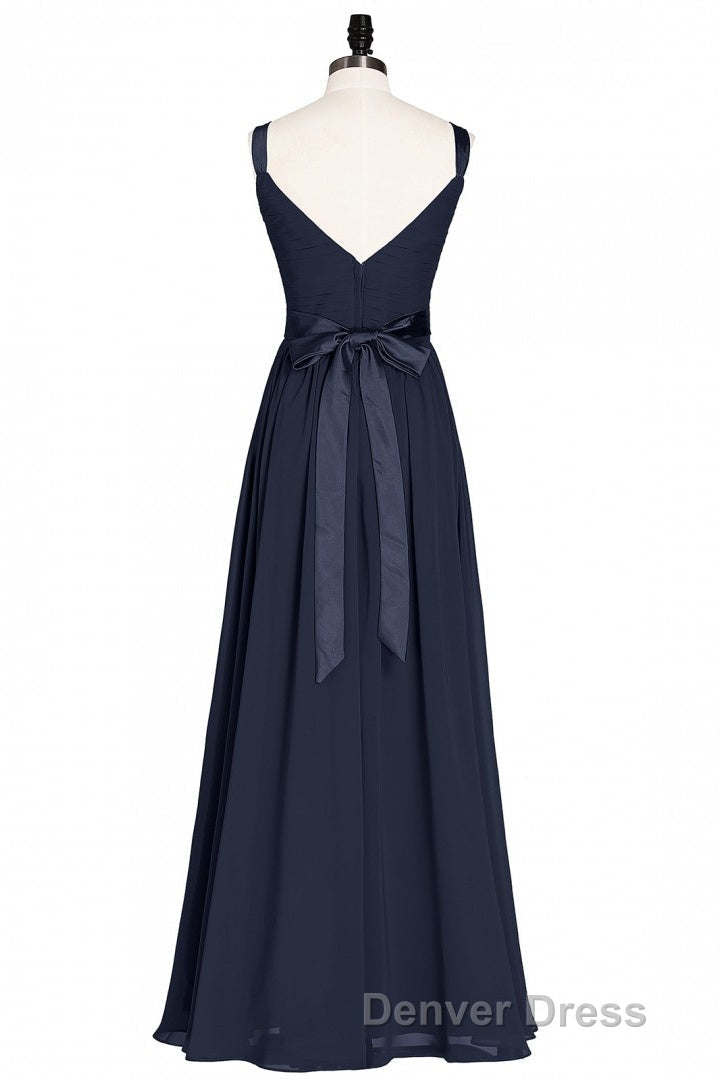 Navy Blue V Neck Tie Back A Line Long Bridesmaid Dresses