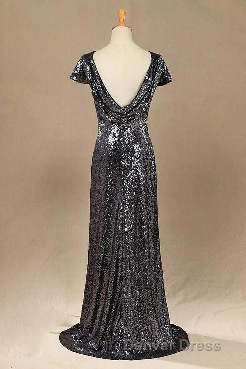 Black Sequin Cap Sleeve Backless Long Bridesmaid Dresses