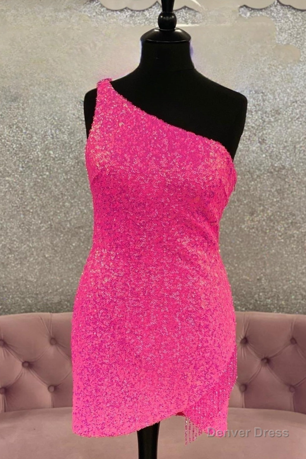 Hot Pink One Shoulder Sequins Straps Sheath Homecoming Dresses with Tassels Main image