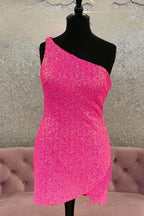 Hot Pink One Shoulder Sequins Straps Sheath Homecoming Dresses with Tassels
