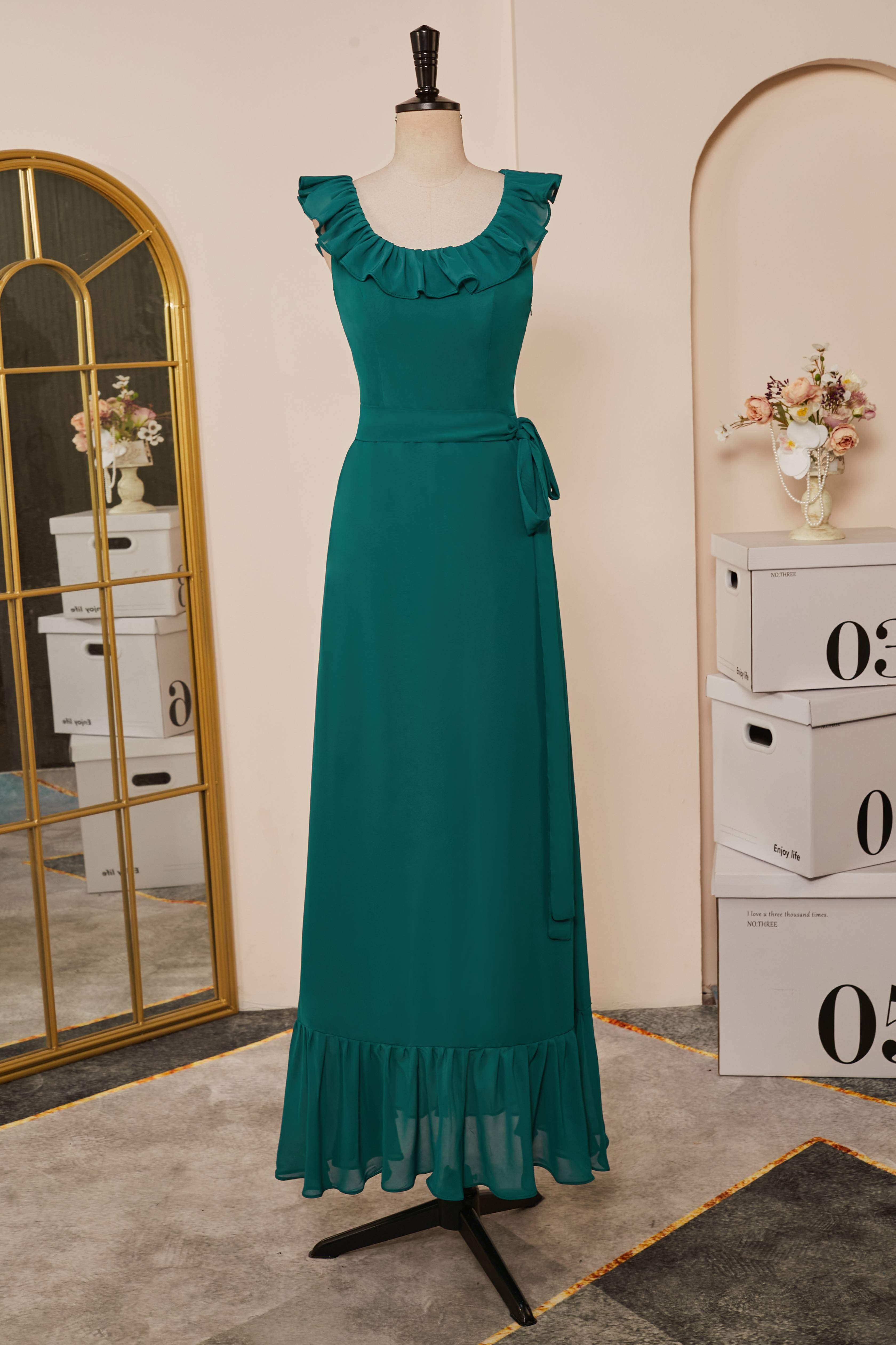 Teal Ruffled Neck A-line Long Bridesmaid Dresses with Sash