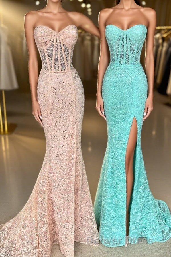 Mint Green Lace Strapless Mermaid  Long Prom Dresses with Slit Main image