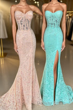 Mint Green Lace Strapless Mermaid  Long Prom Dresses with Slit