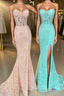 Mint Green Lace Strapless Mermaid  Long Prom Dresses with Slit