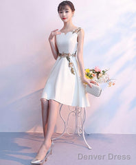 Simple White Satin Applique Short Prom Dress Cute Homecoming Dress