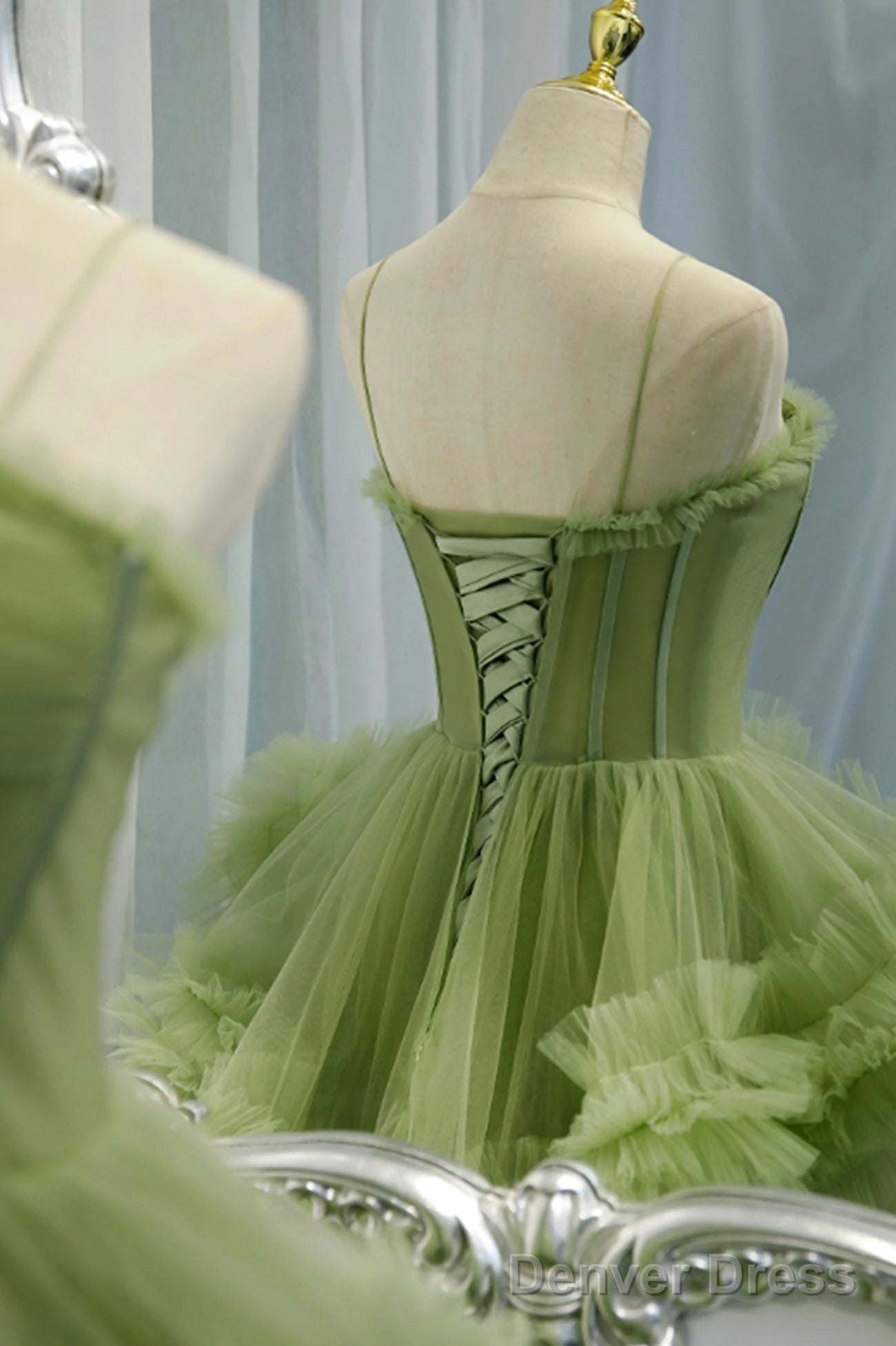 Princess Spaghetti Straps Green Tulle Long Dress A Line Tiered Prom Dresses