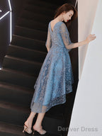 Blue V Neck Tulle Lace High Neck Prom Dress Blue Lace Homecoming Dresses