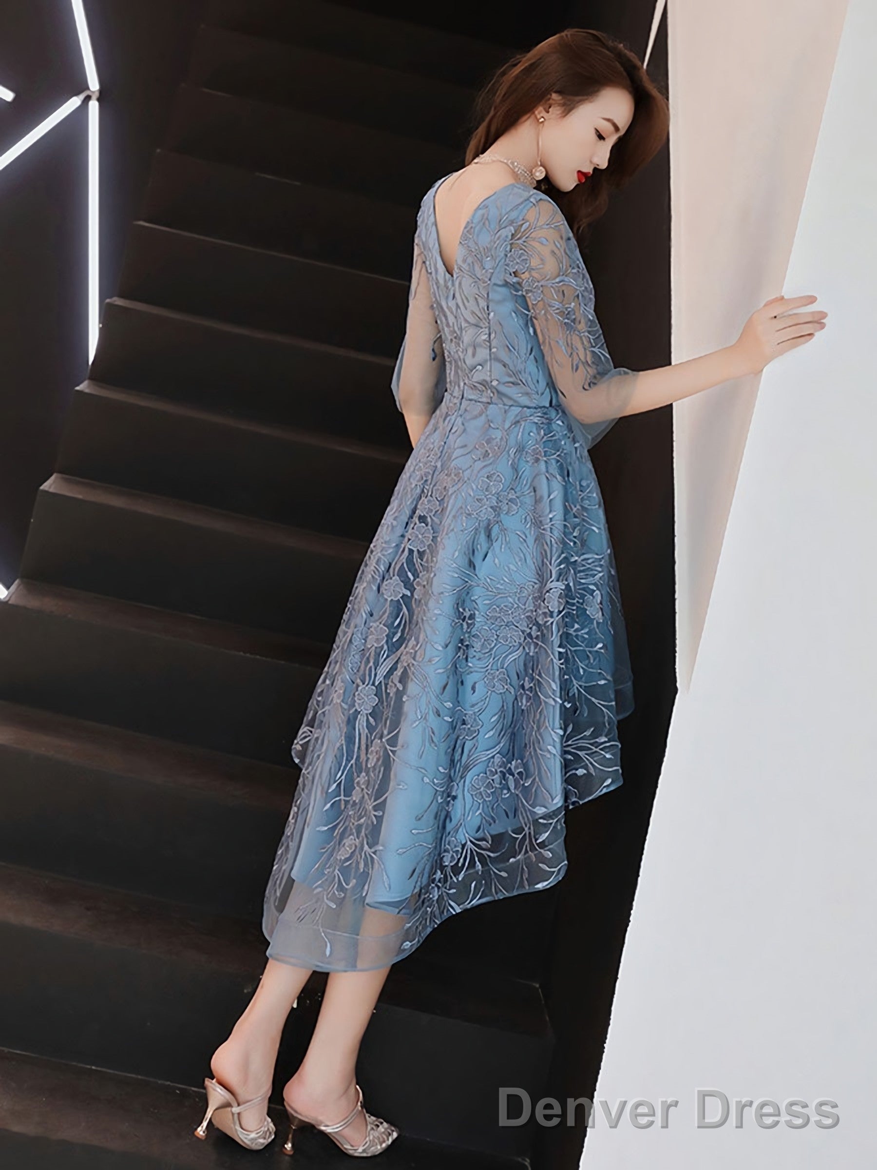 Blue V Neck Tulle Lace High Neck Prom Dress Blue Lace Homecoming Dresses