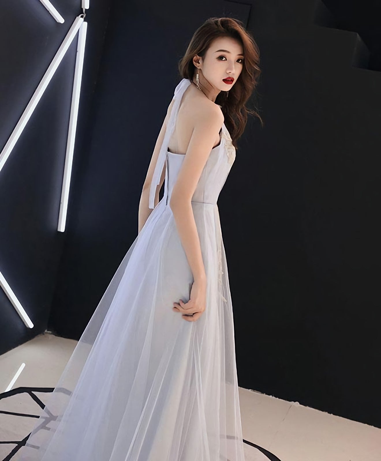Gray Tulle Lace Long Prom Dress Gray Tulle Prom Dresses 4