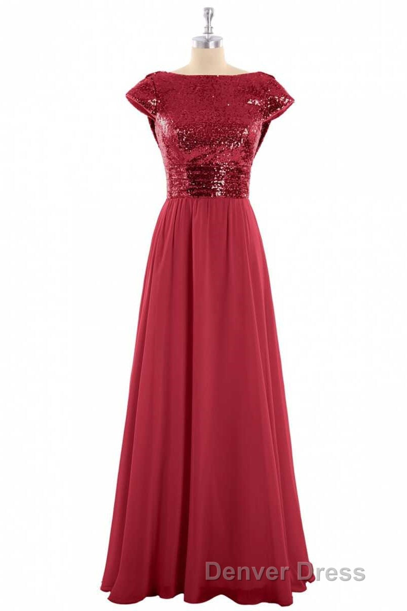Burgundy Sequin Cap Sleeve Backless A-Line Bridesmaid Dresses