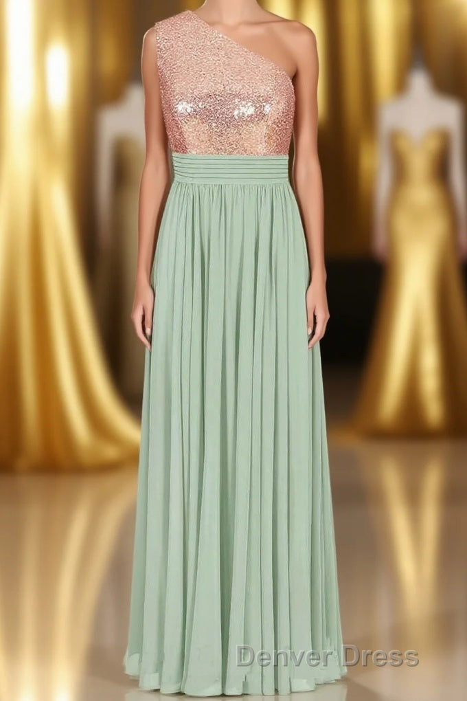Rose Gold Sequins One Shoulder Long Bridesmaid Dresses Main image
