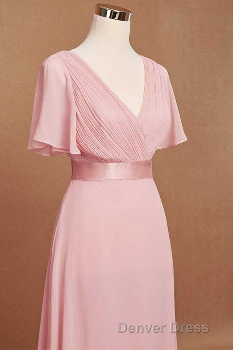 Pink V Neck Ruffled A Line Long Bridesmaid Dresses Secondary image