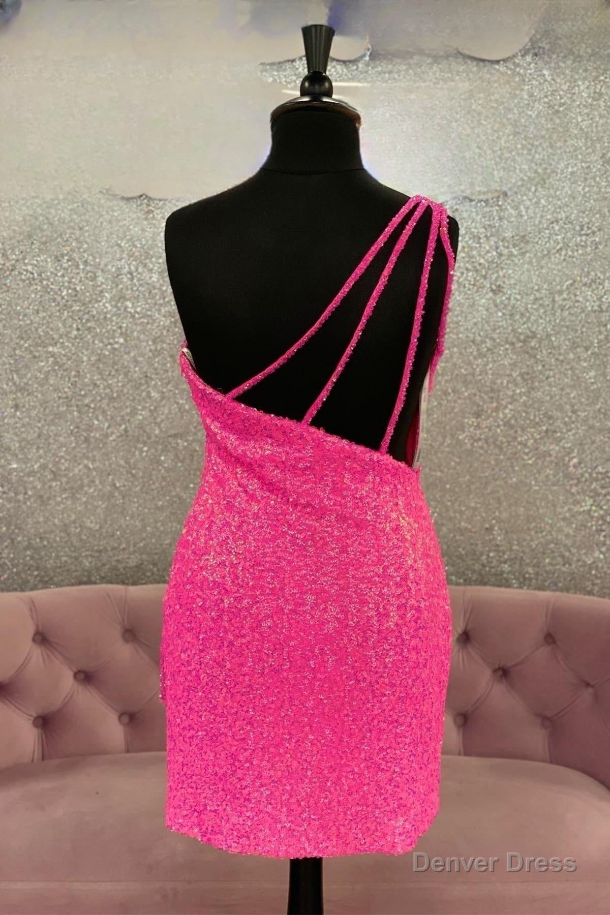 Hot Pink One Shoulder Sequins Straps Sheath Homecoming Dresses with Tassels Secondary image