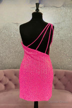 Hot Pink One Shoulder Sequins Straps Sheath Homecoming Dresses with Tassels