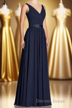 Navy Blue V Neck Tie Back A Line Long Bridesmaid Dresses
