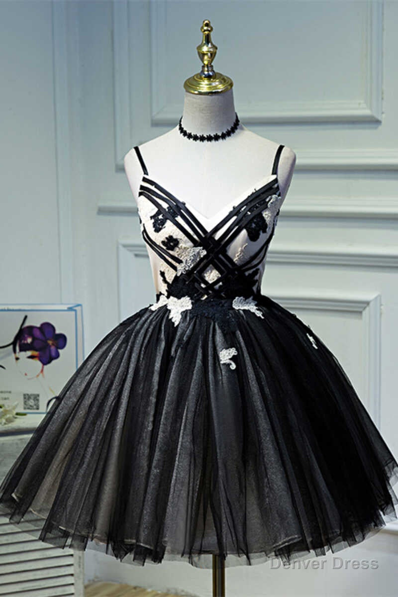 A Line Flower Black Lace Up Short Homecoming Dresses