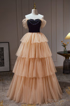 Champagne Off The Shoulder Prom Gowns A Line Tulle Long Prom Dresses