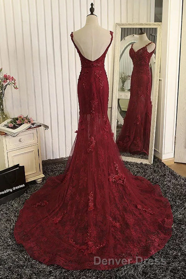 Burgundy Trumpet Sweep Train V Neck Mid Back Appliques Beading Long Prom Dresses Secondary image